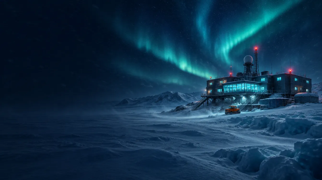 Station Borée : une station polaire isolée sur la calotte glaciaire du Groenland sous une aurore boréale, en 2051