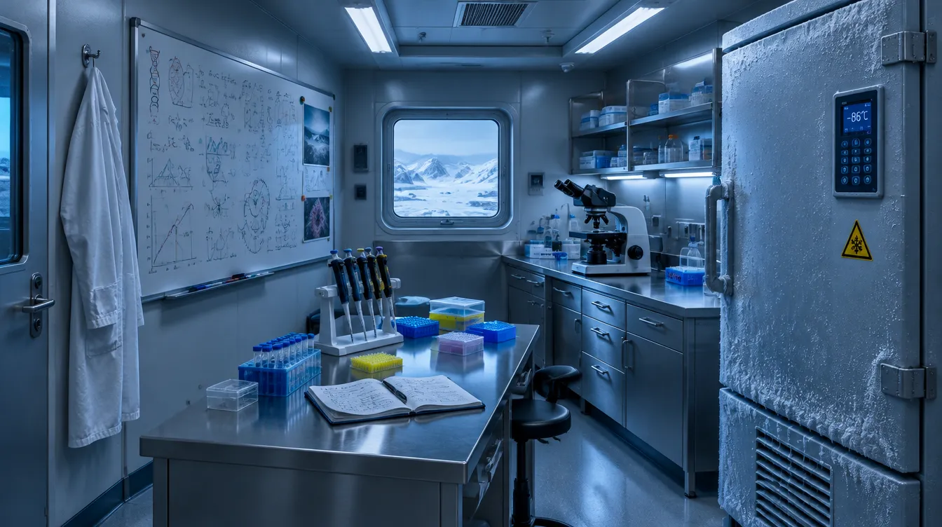 Le Laboratoire de la station Borée, paillasses et congélateur à −80 °C