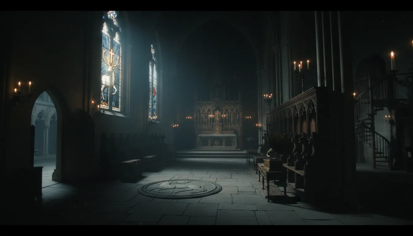 La nef de la basilique dans le noir, le vitrail du cerf et le phonographe