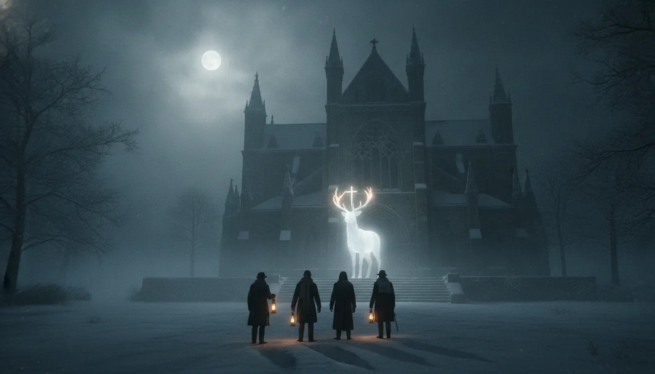 L'abbaye de Saint-Hubert dans les Ardennes, une nuit de neige en 1899, un cerf blanc lumineux dans le brouillard