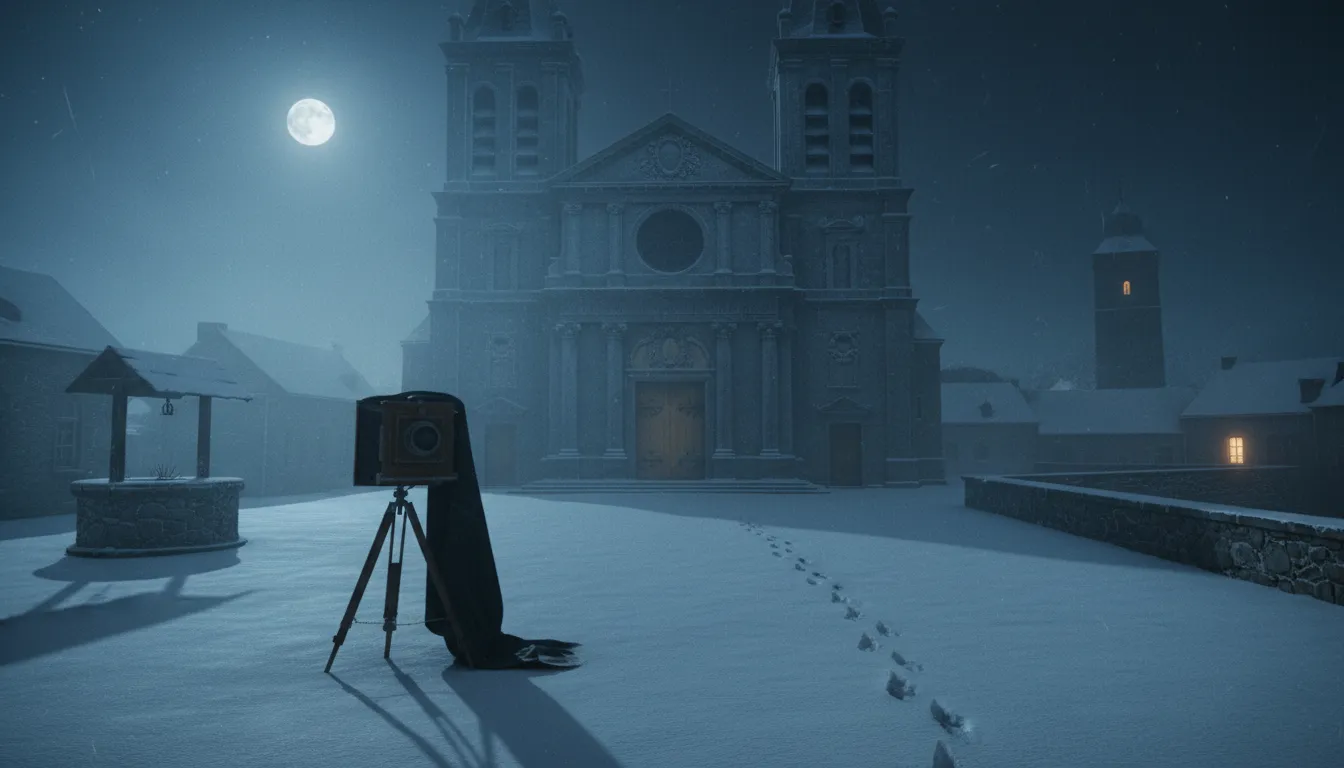 Le parvis enneigé de la basilique la nuit, l'appareil photo abandonné de Léon