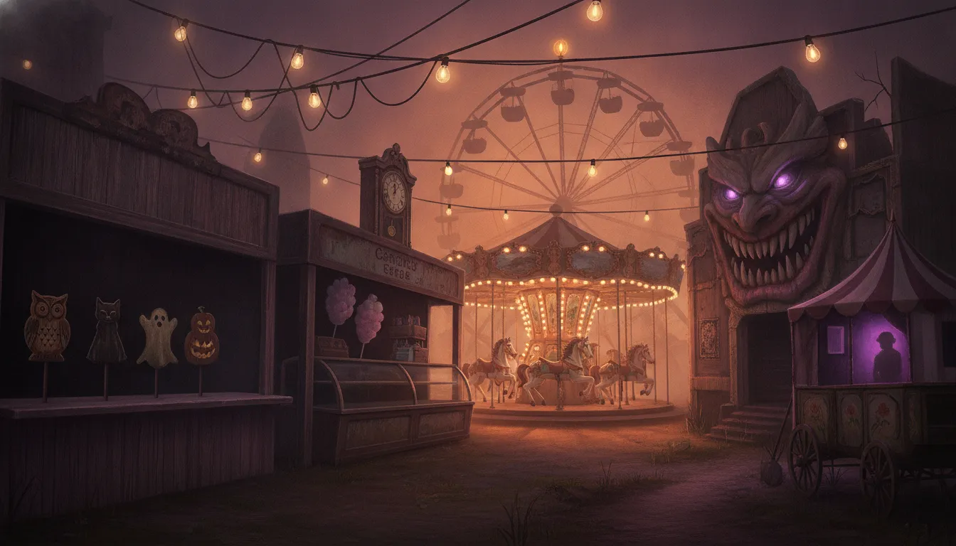 L'allée des manèges la nuit : stand de tir, confiserie, carrousel illuminé et train fantôme
