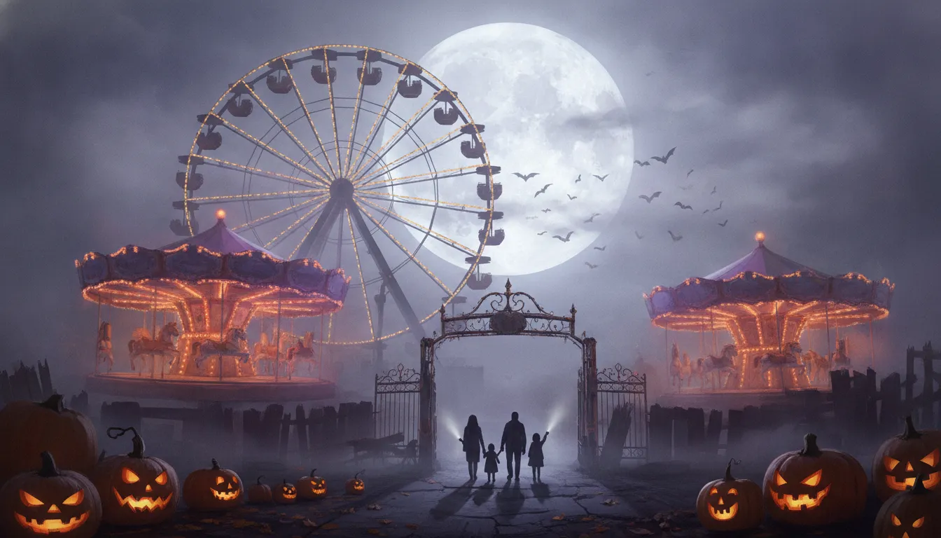 Une vieille foire la nuit d'Halloween : grande roue et carrousel qui s'allument dans le brouillard, pleine lune et citrouilles