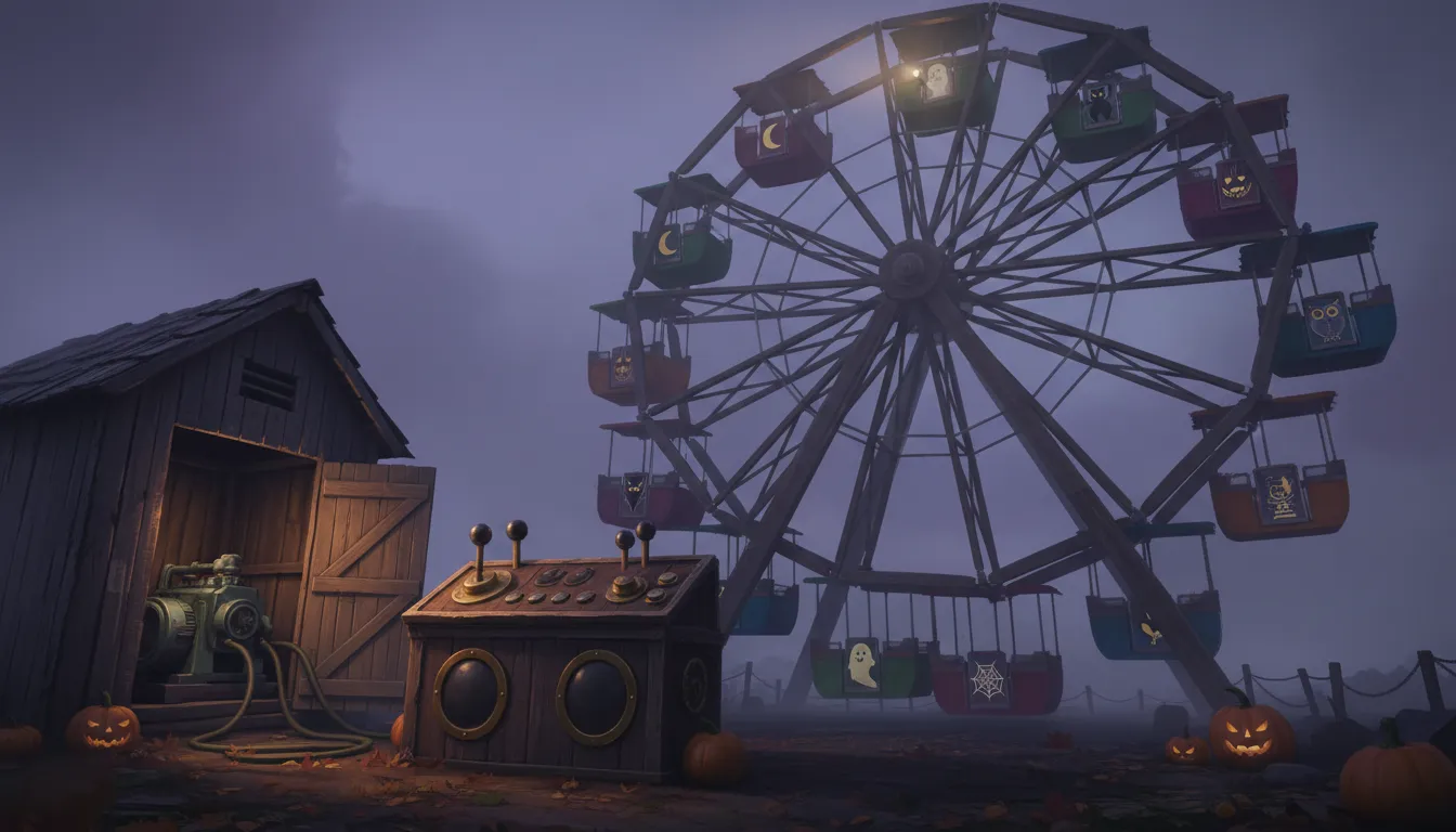 La grande roue dans le brouillard, cabines peintes de dessins d'Halloween