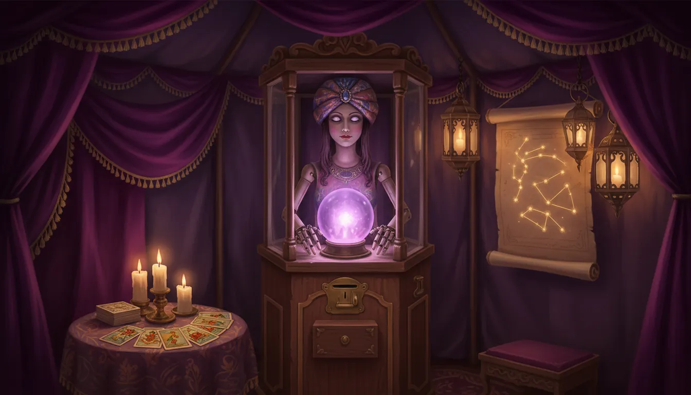 Madame Zelda, automate diseuse de bonne aventure dans sa cabine vitrée, et sa boule de cristal