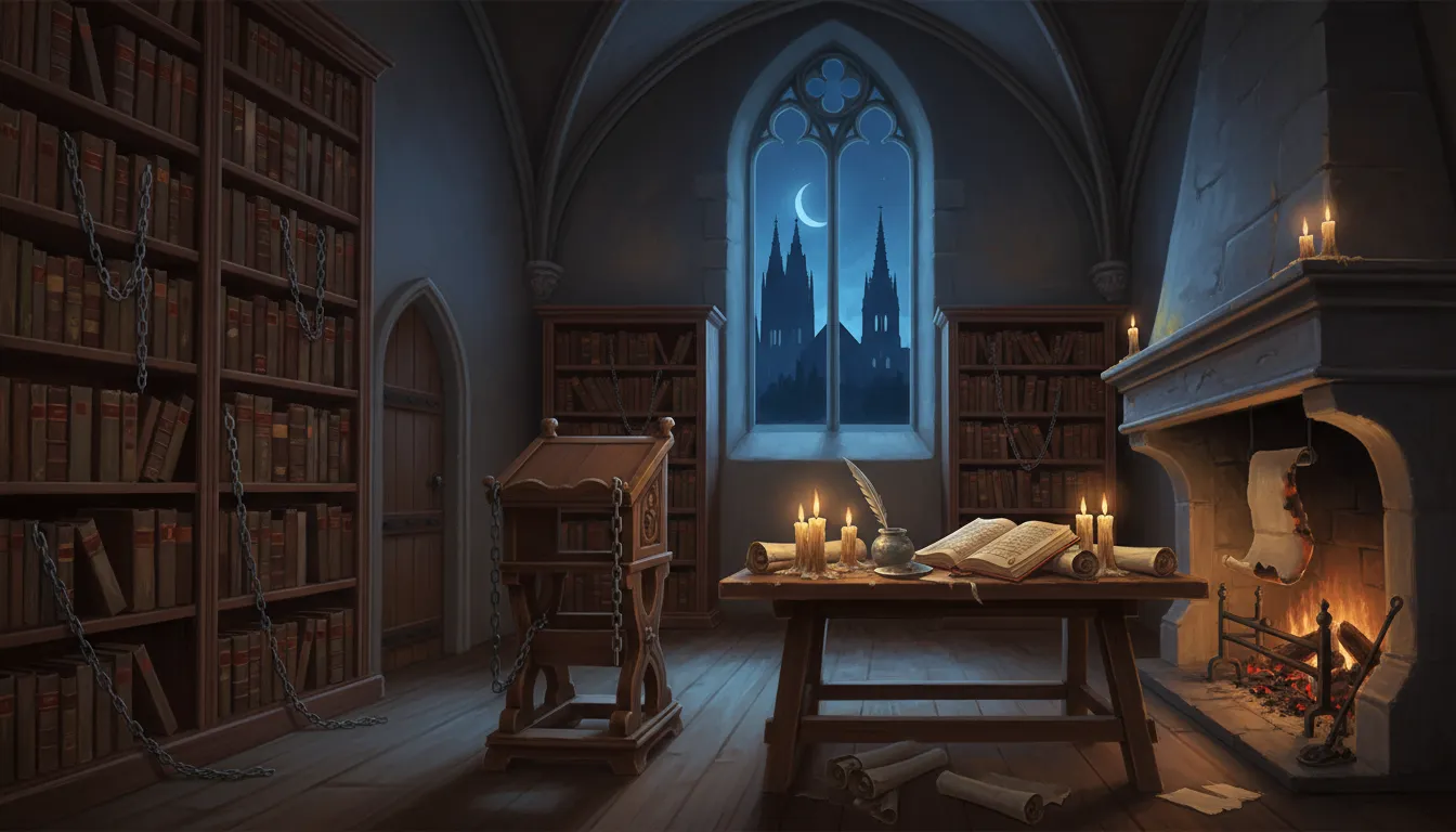 La bibliothèque de l'archevêché de Rouen la nuit : livres enchaînés, lutrin vide, chandelles et cheminée