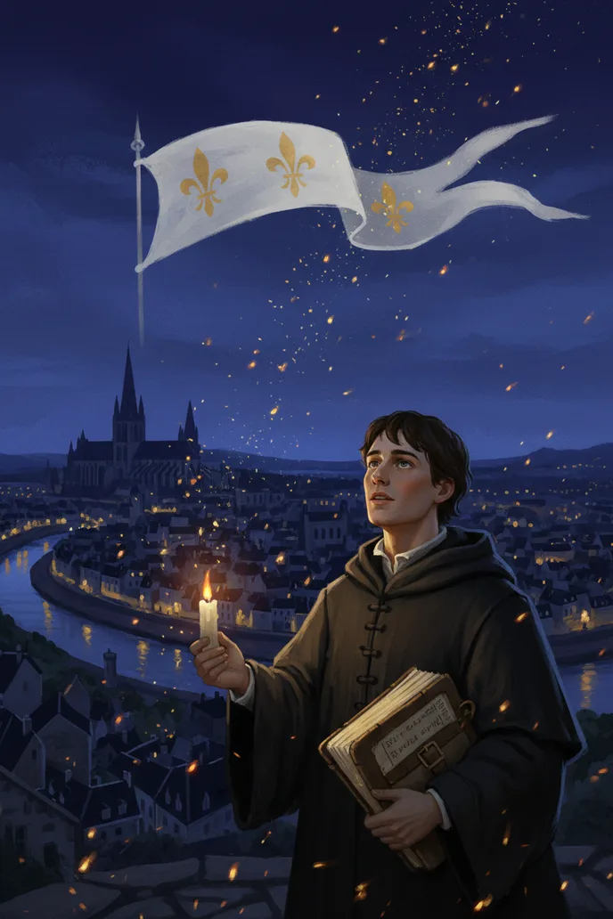 Un jeune clerc en robe noire, une chandelle et un registre à la main, au-dessus de Rouen la nuit