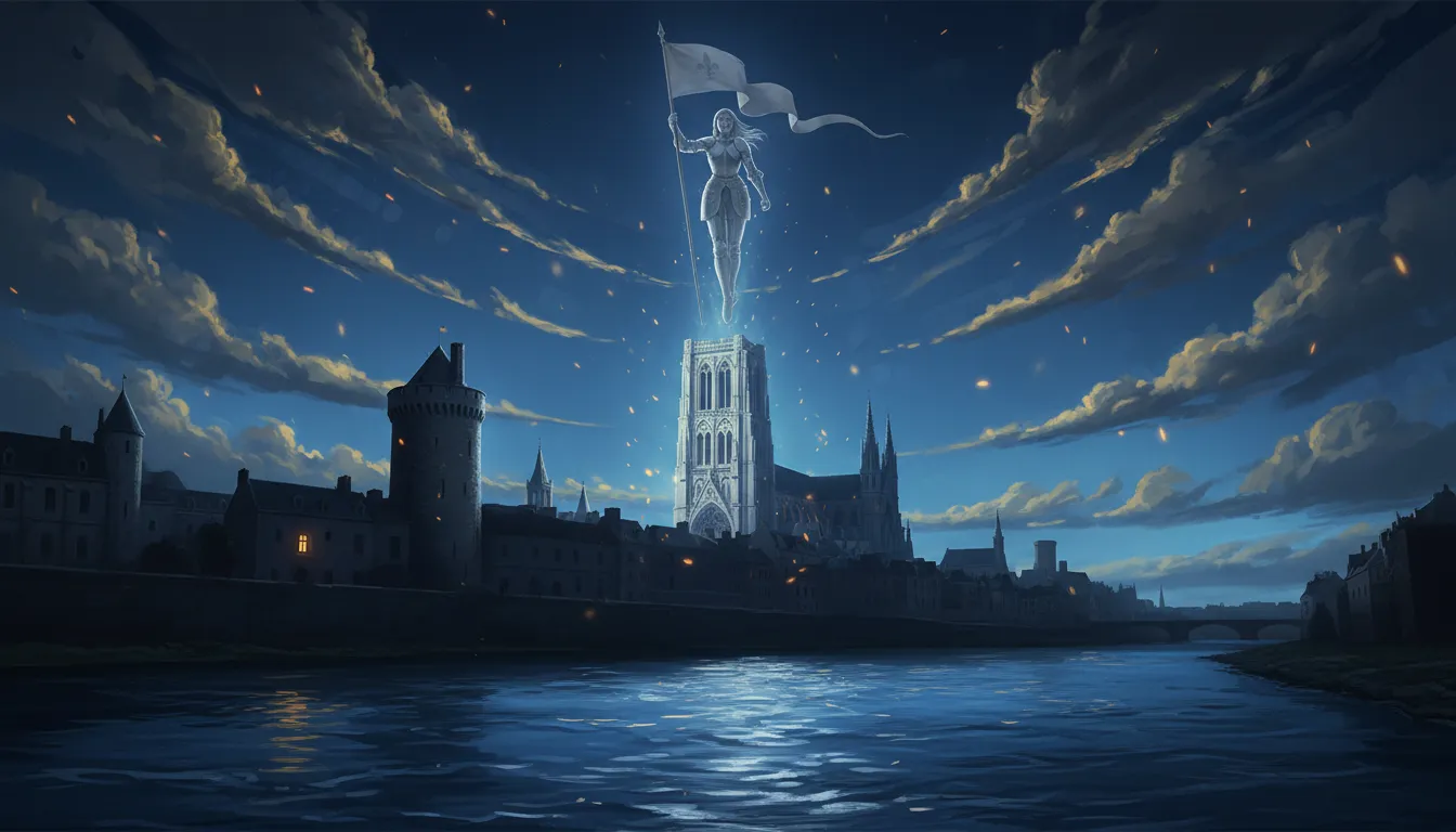 Rouen la nuit : la cathédrale au bord de la Seine, et dans le ciel la silhouette lumineuse de Jeanne d'Arc et de son étendard