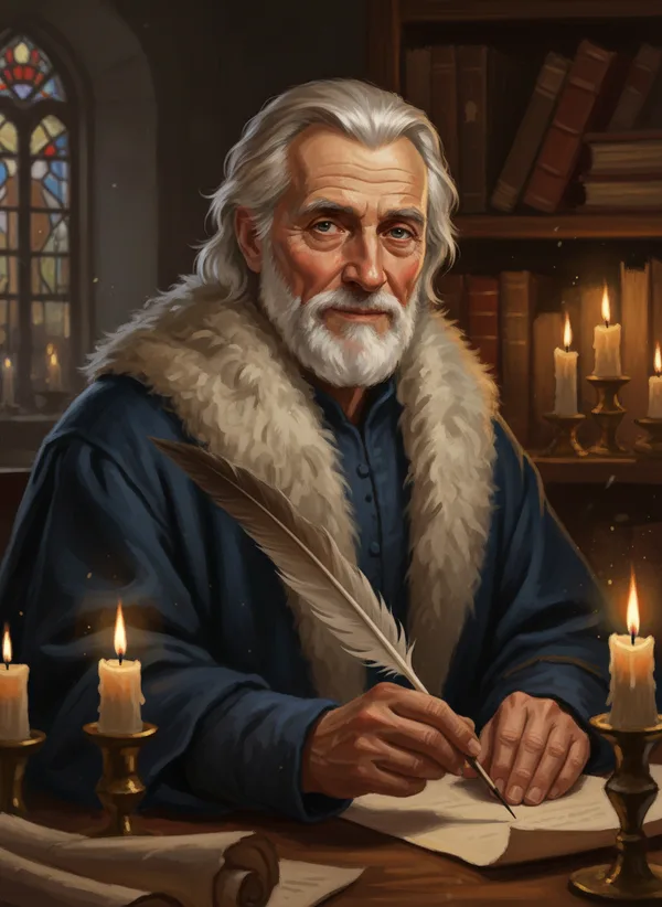 Portrait de Guillaume Manchon, vieux notaire, une plume à la main
