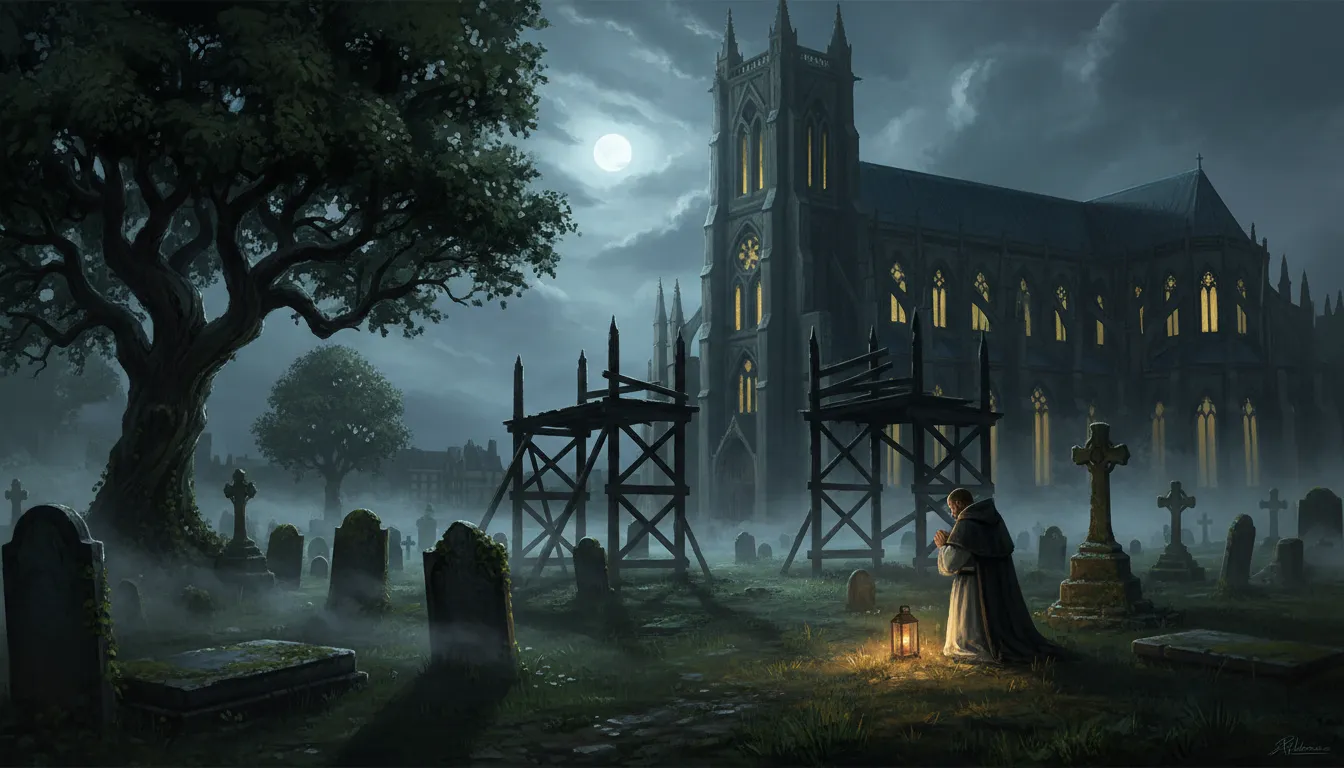 Le cimetière de Saint-Ouen sous la lune : tombes, brume, échafauds de bois et abbatiale gothique