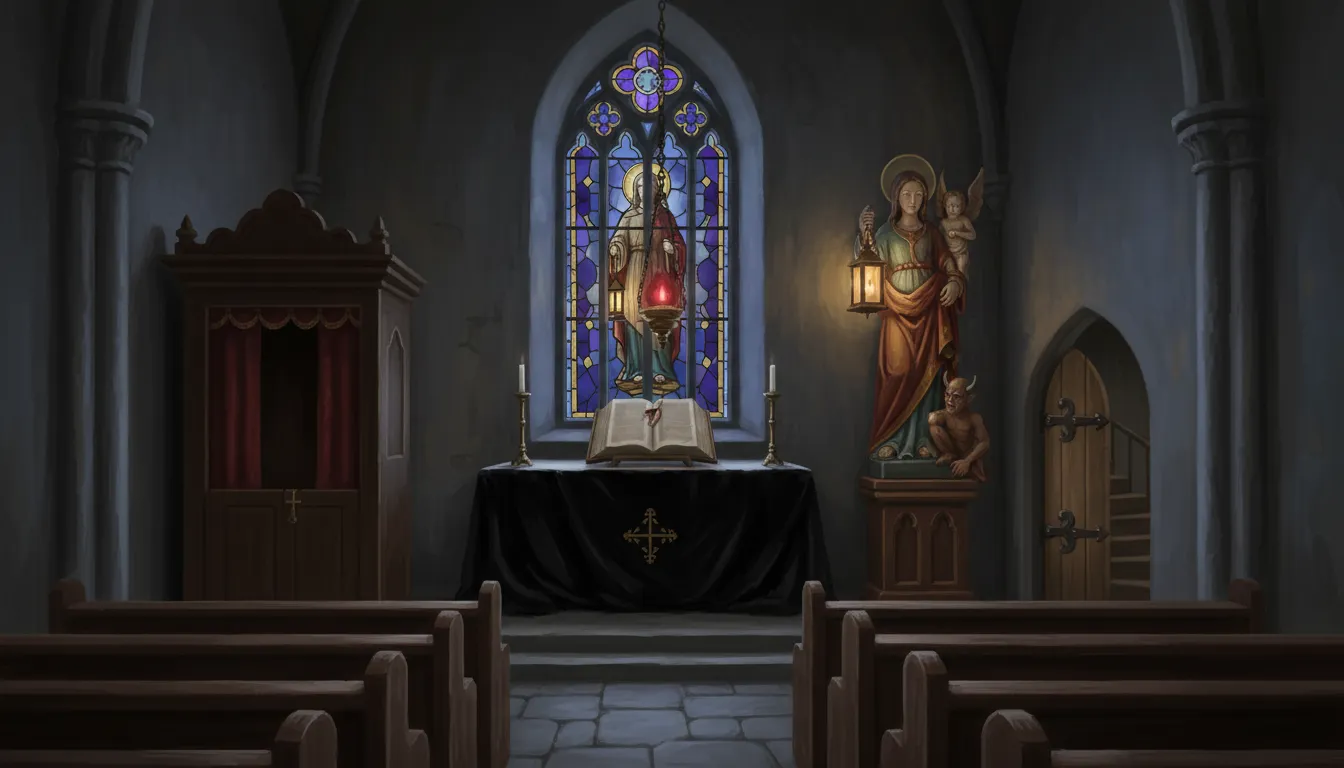 La chapelle la nuit : autel drapé de noir, vitrail et statue de sainte Gudule à la lanterne