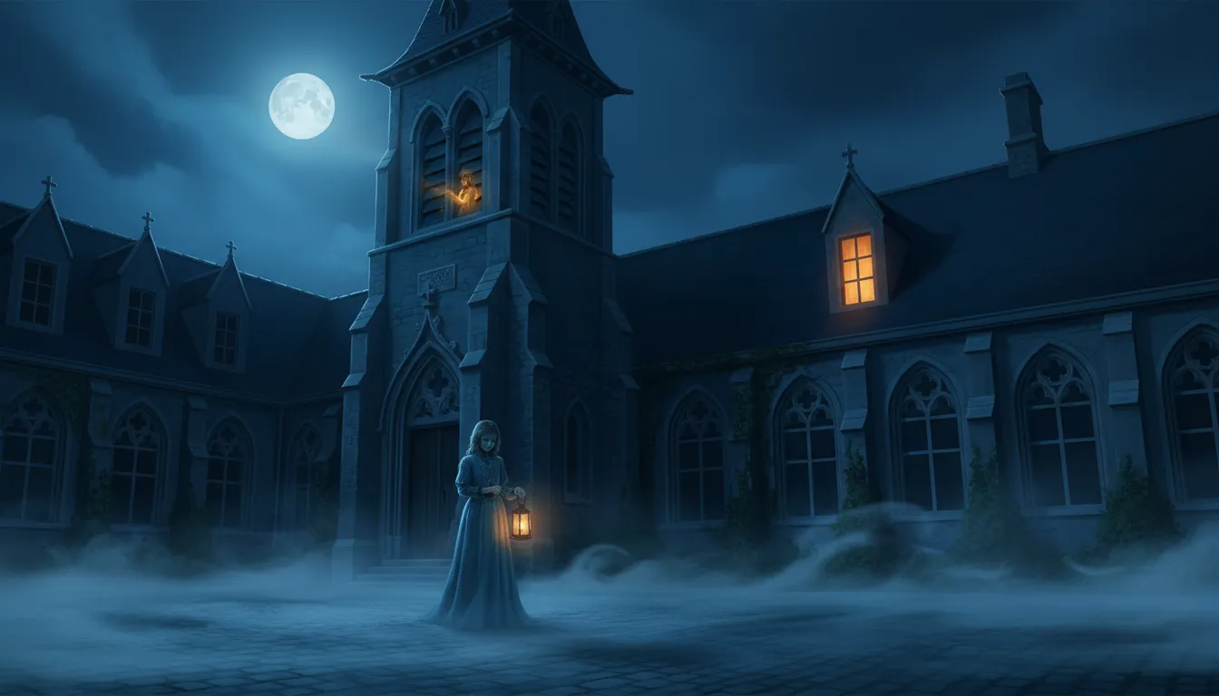 Un pensionnat belge la nuit de la Toussaint : le clocher de la chapelle sous la pleine lune et une jeune fille en robe d'autrefois, une lanterne à la main