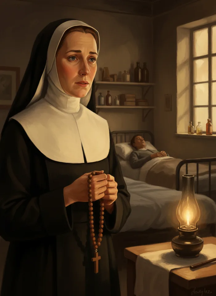 Portrait de Sœur Clémence, religieuse infirmière, un chapelet à la main