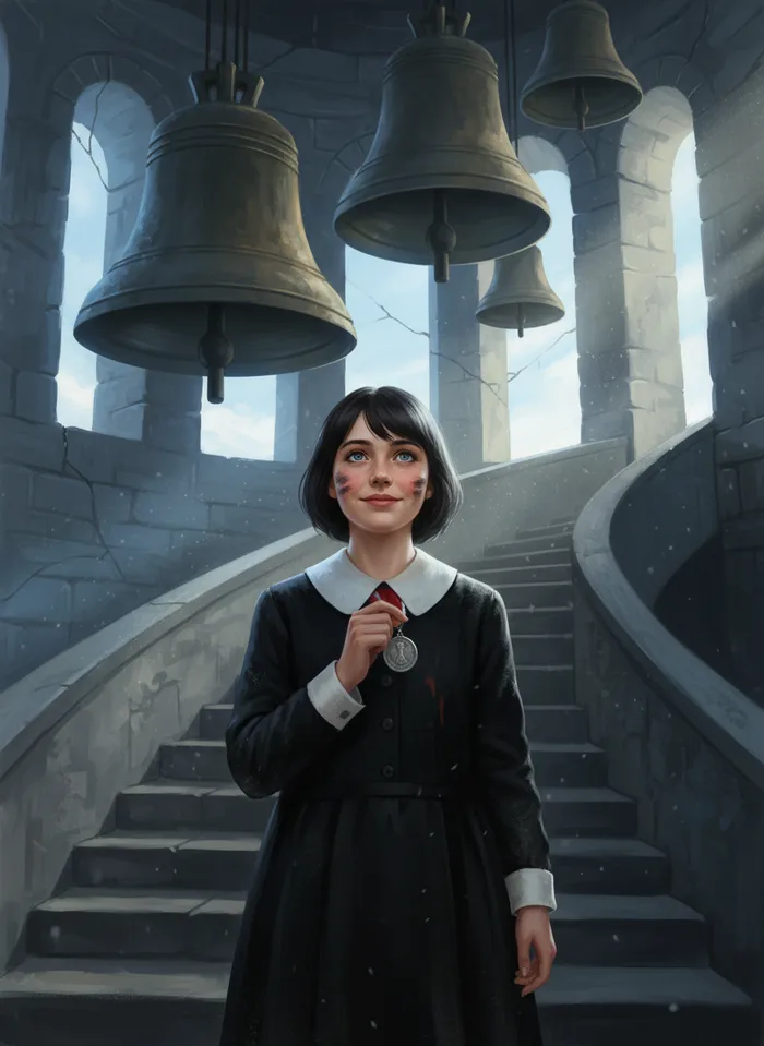 Portrait de Margot, élève du pensionnat en tablier noir