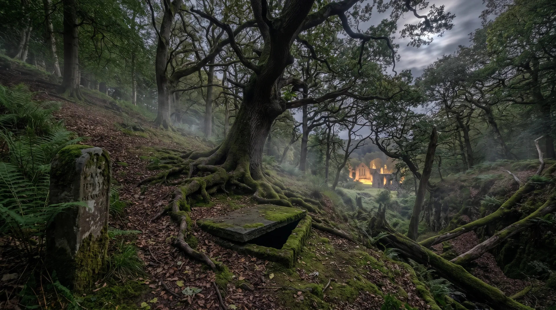 Un bois de vieux chênes la nuit, une dalle moussue entre les racines du plus gros, les ruines éclairées au loin