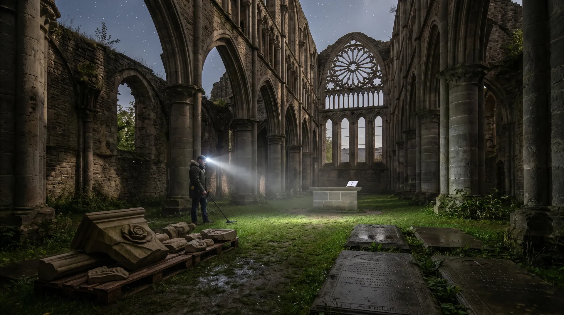 La nef d'une abbatiale en ruine la nuit, sans toit, avec sa rosace, des dalles funéraires et un homme qui passe un détecteur de métaux