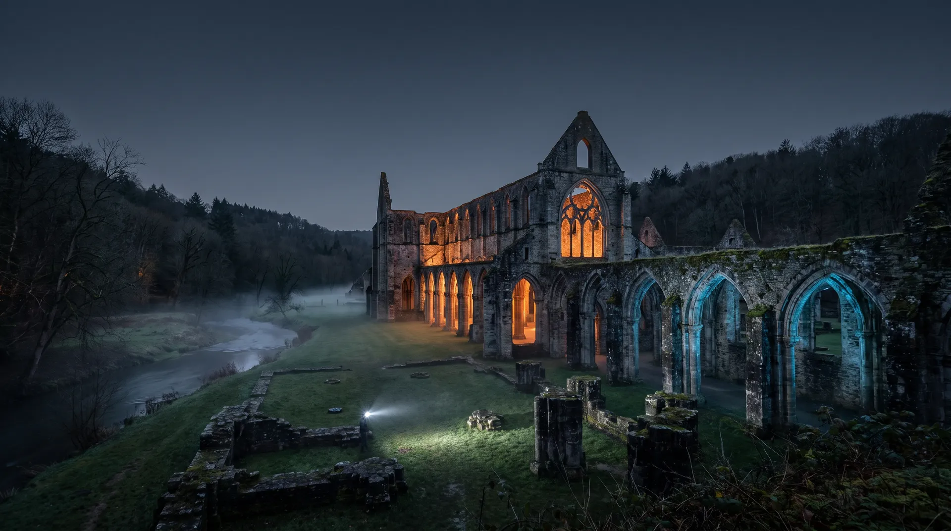 Les ruines d'une abbaye cistercienne la nuit, au bord d'une rivière dans la brume, éclairées par des projecteurs de chantier