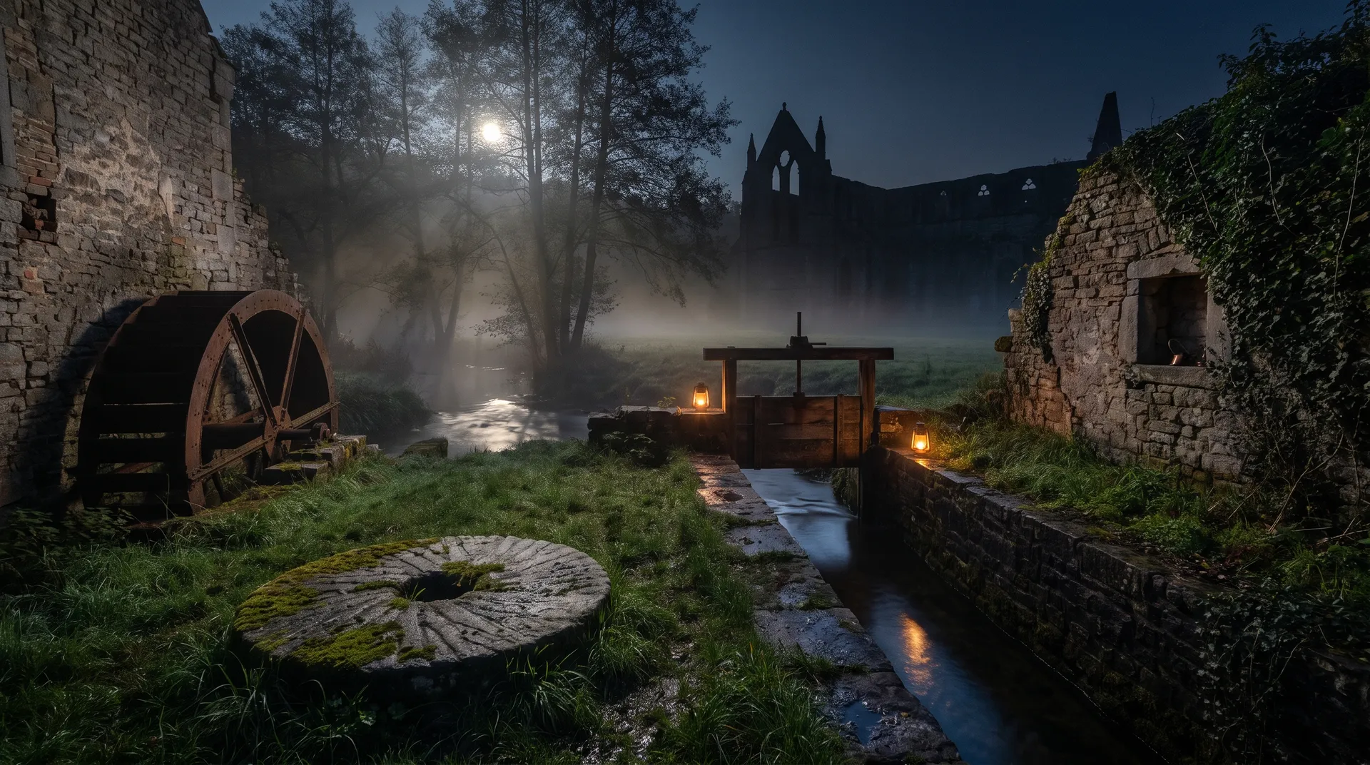 Un pré au bord d'une rivière la nuit : roue de moulin rouillée, vanne éclairée par deux lanternes, meule couchée dans l'herbe