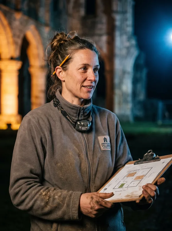 Portrait de Claire, archéologue, un plan du chantier à la main