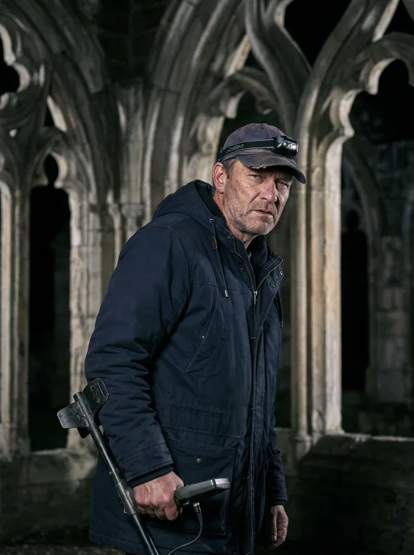 Portrait de Marc, détectoriste en parka et casquette, un détecteur à la main