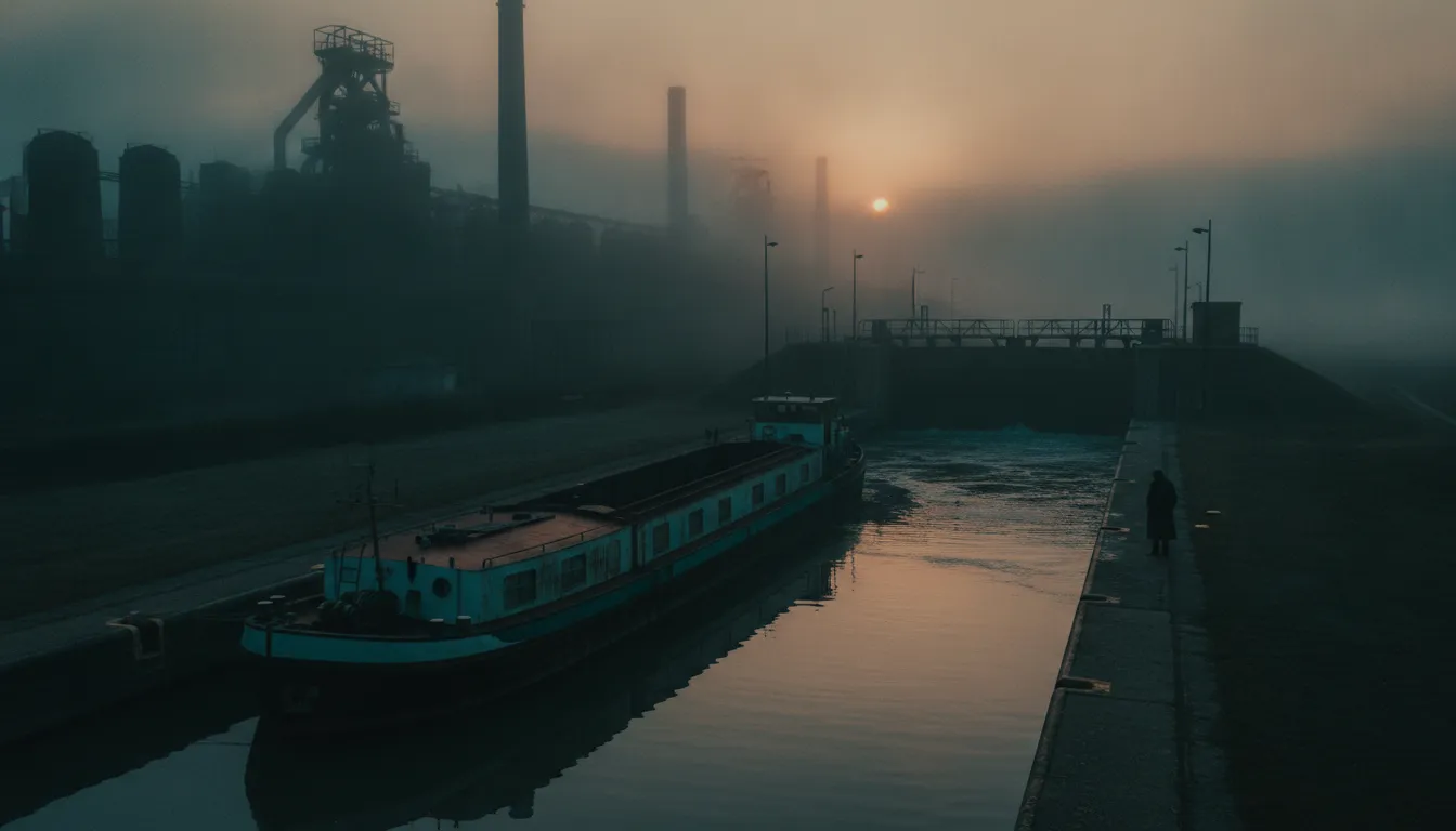 Un canal industriel du Pays noir à l'aube, des hauts fourneaux dans la brume