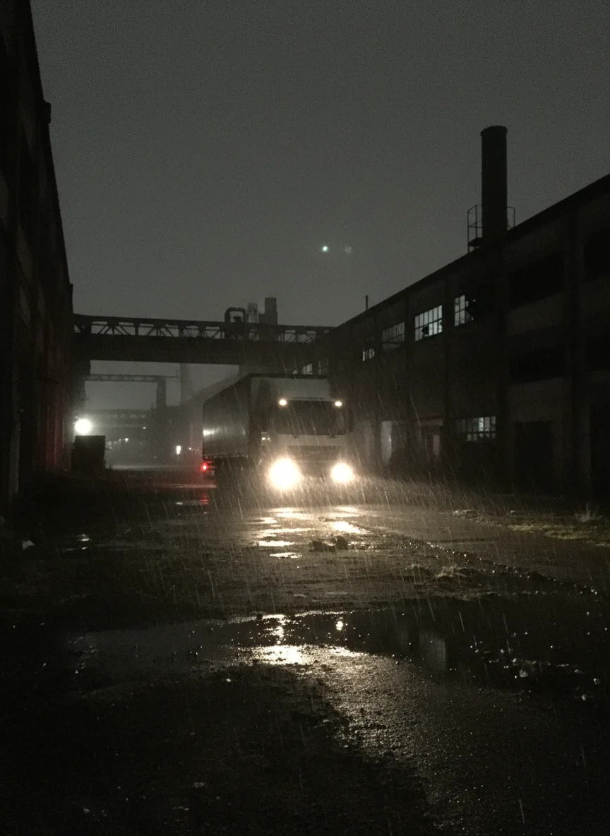 Un camion phares allumés dans la cour de l'usine sous la pluie