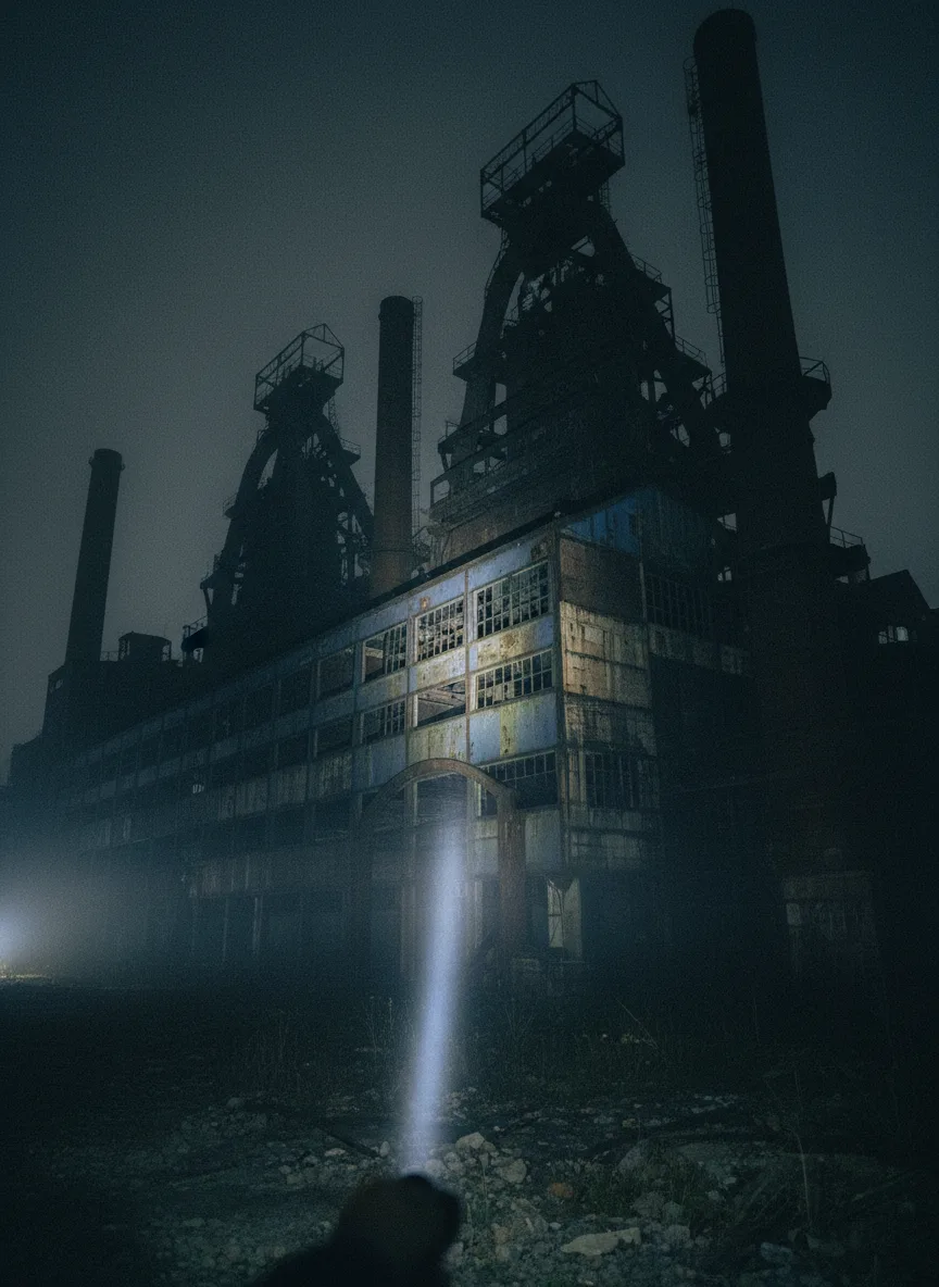 Les Forges de la Sambre la nuit, un faisceau de lampe torche