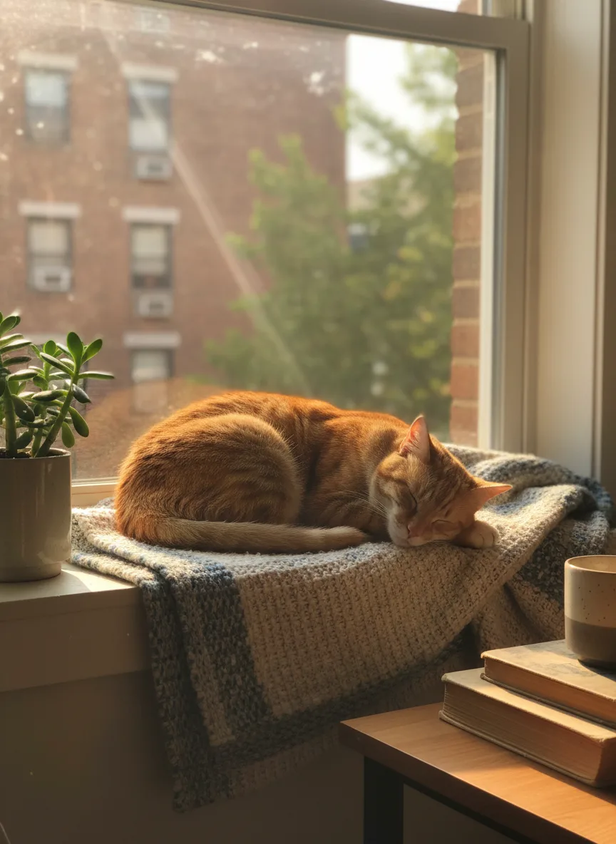 Moka, le chat roux de Lina, à la fenêtre