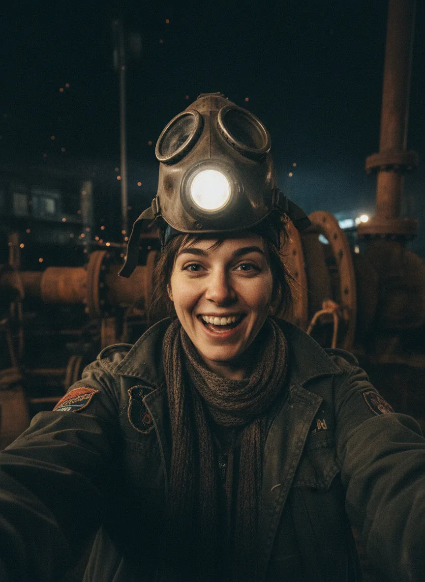 Selfie de Lina avec sa lampe frontale dans l'usine
